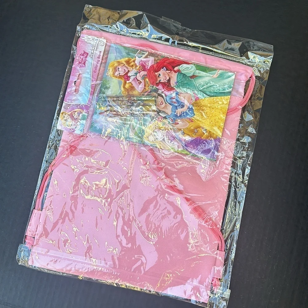 New Disney Princess Hot Pink Drawstring Bag With Coloring Book